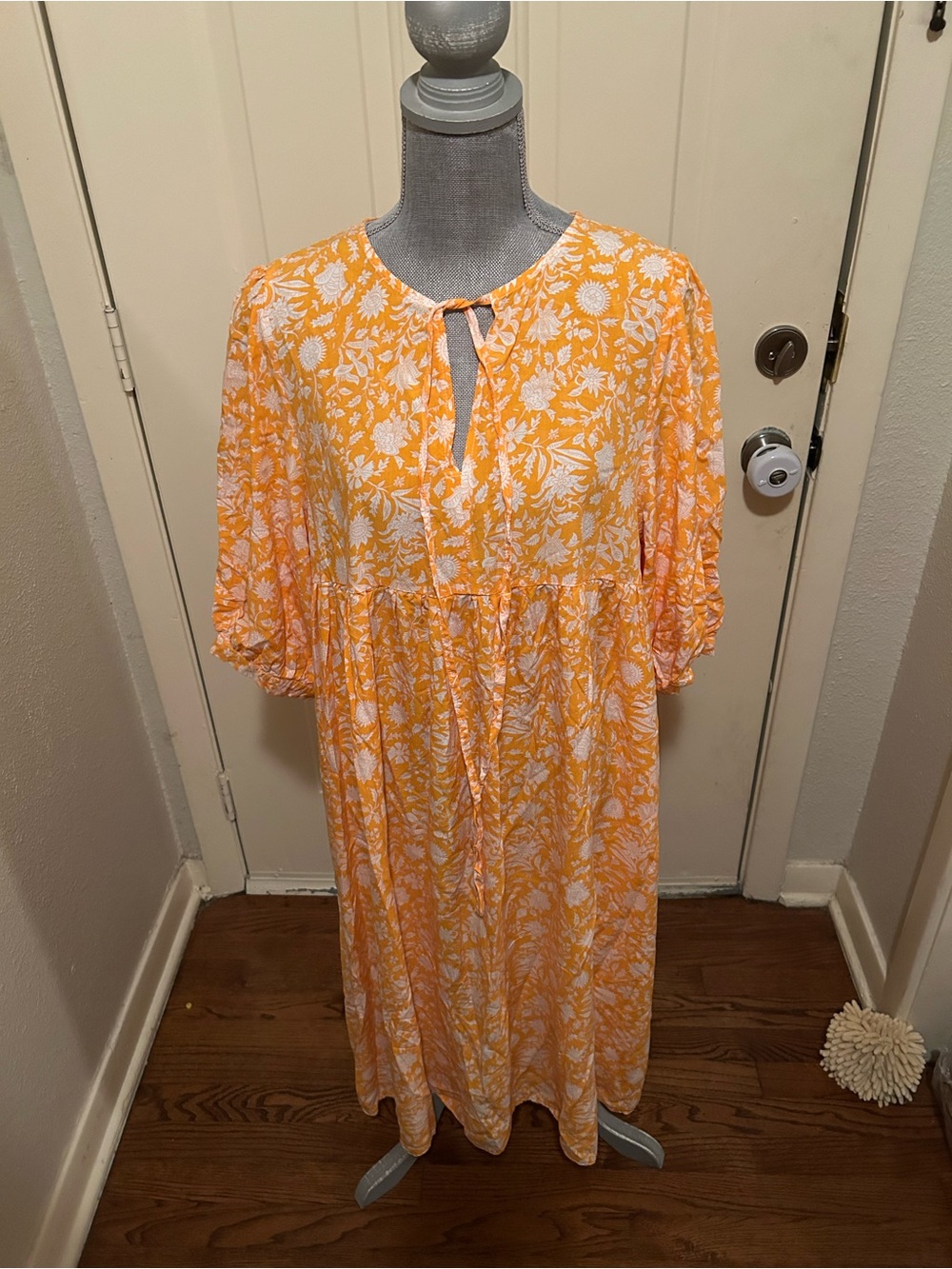 Eilly Bazar Boho Orange Floral Tie-Neck Midi Dress 1X
